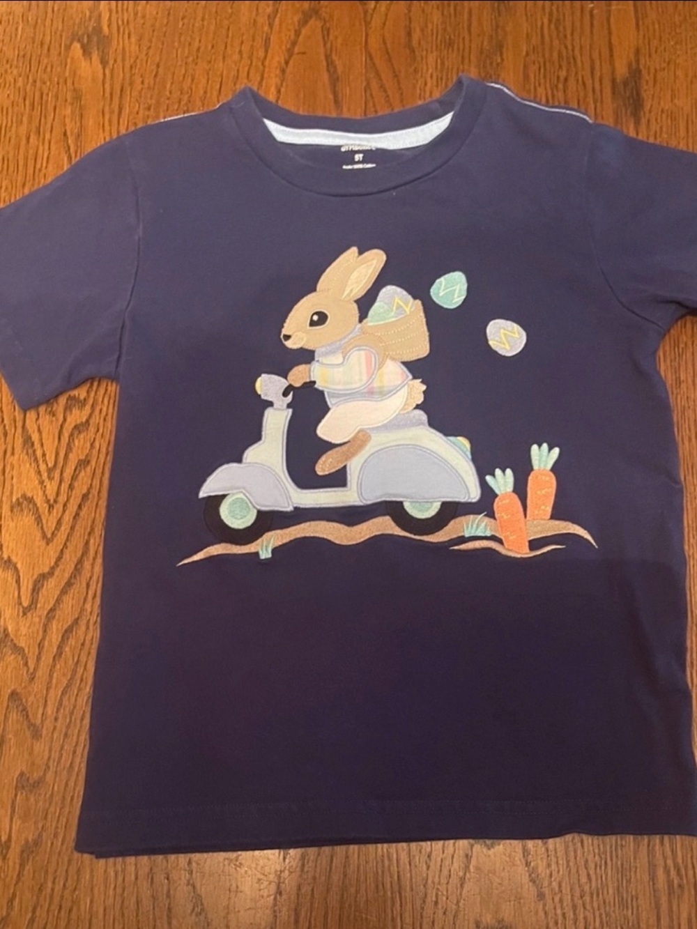 Gymboree Boys 5T Embroidered Easter Bunny Scooter Short Sleeve Navy Blue Tee
